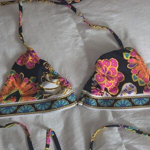 Trina Turk Floral Triangle Bikini Top with Gold Accent
